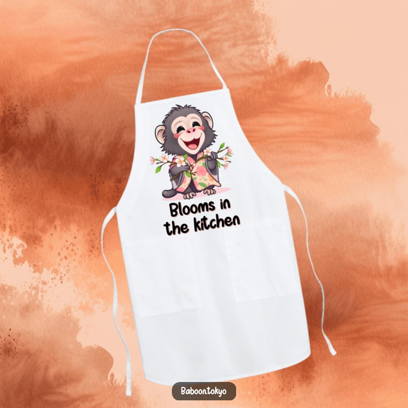 Funny, delighted baboon in a floral kimono holding a blooming branch, on a practical kitchen apron, great for a funny gift.