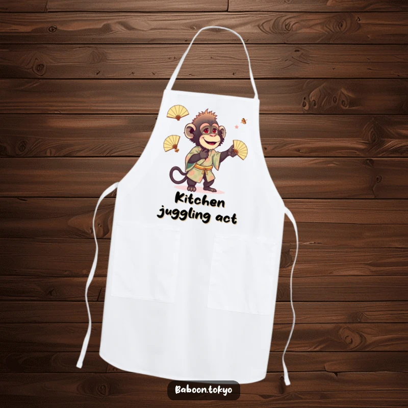 Funny baboon wearing a patterned kimono, playfully juggling tiny fans, on a practical kitchen apron, great for a funny gift.
