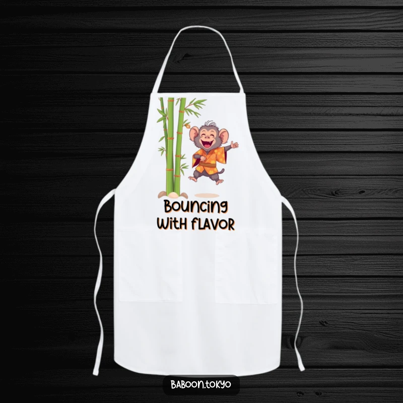 Funny, cheerful baboon in a bright kimono leaping near bamboo, on a practical kitchen apron, great for a funny gift.