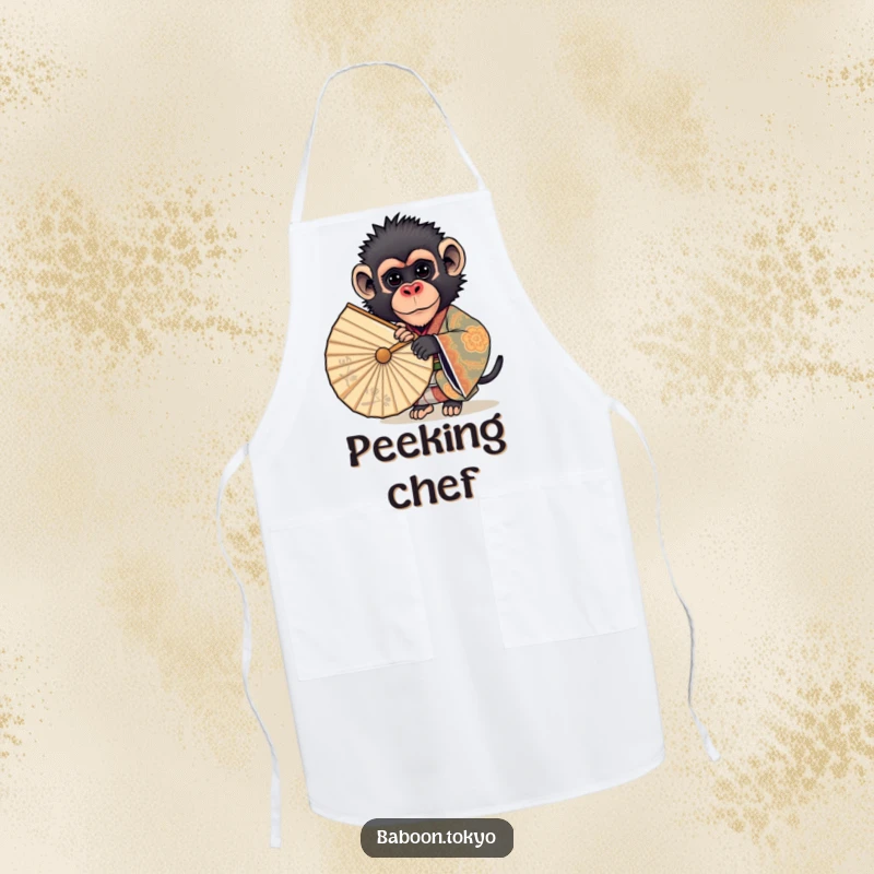 Funny apron: a curious baboon in a fancy kimono peeking from behind a fan, ready to add humor to any cooking session.