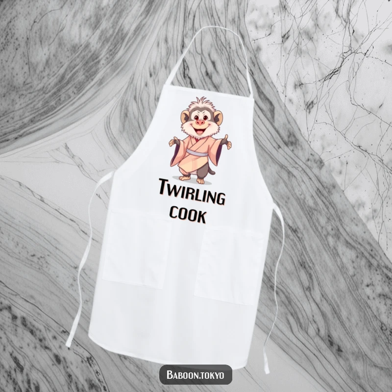 Funny apron: a delighted baboon joyfully twirling in a silk kimono with a big smile, bringing cheer to the kitchen.