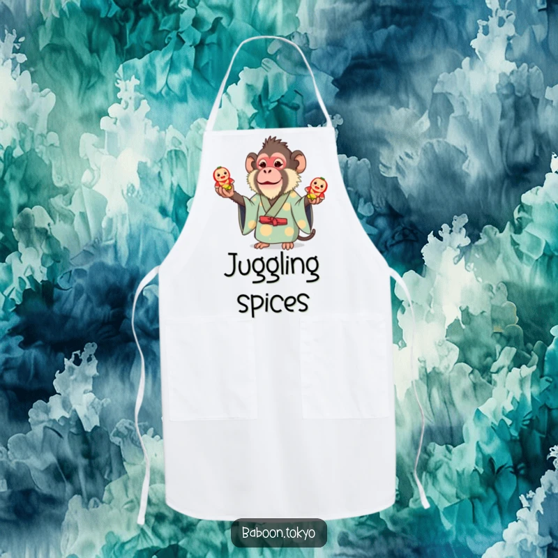 Funny apron: a whimsical baboon in a bright kimono juggling three small toy Daruma dolls, adding playful charm to the kitchen.