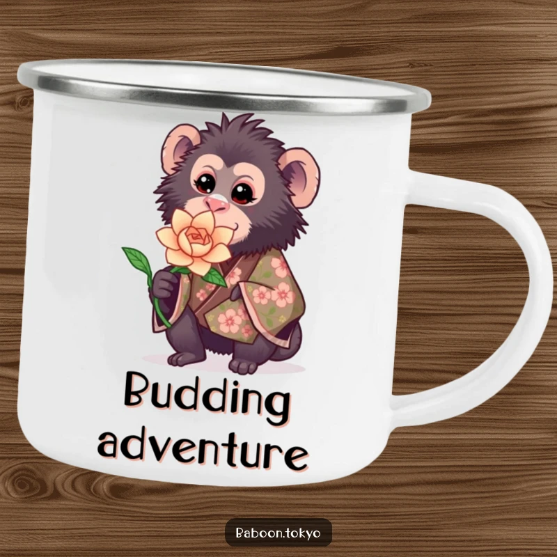 Funny camping mug: a sweet baboon in a floral kimono offering a blooming paper flower, perfect for charming outdoor moments.