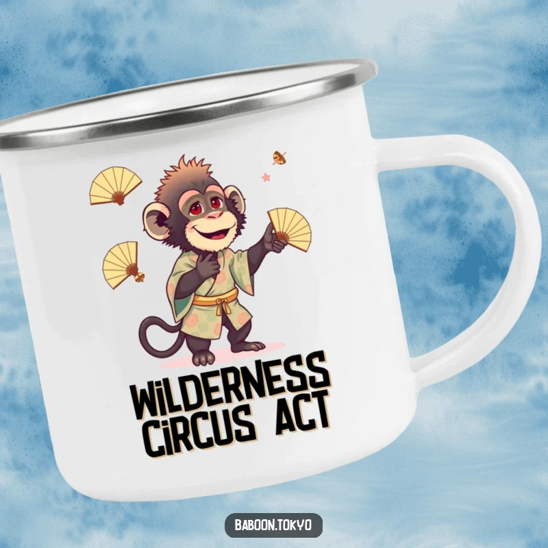 Funny baboon wearing a patterned kimono, playfully juggling tiny fans, on a rustic camping mug, ideal for a funny gift.