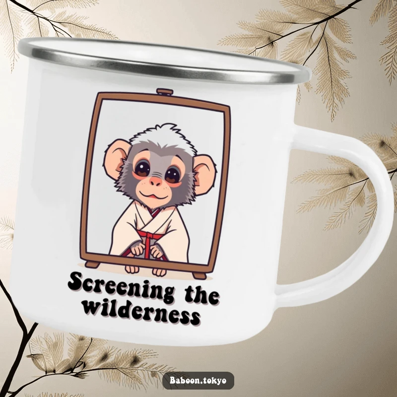 Funny baboon in a simple kimono, curiously peeking from behind a screen, on a rustic camping mug, ideal for a funny gift.