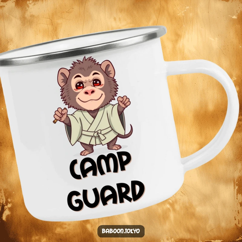 Funny camping mug: a brave baboon in a bold kimono guard stance with a cute expression, perfect for brave campers.