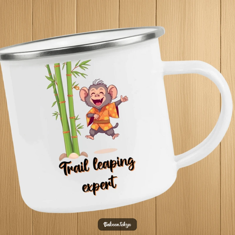 Funny, cheerful baboon in a bright kimono leaping near bamboo, on a rustic camping mug, ideal for a funny gift.