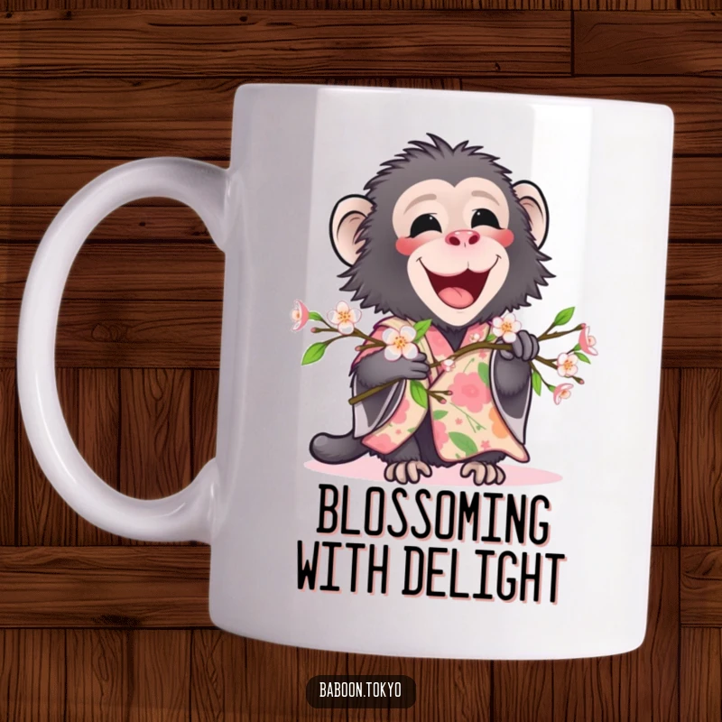 Funny, delighted baboon in a floral kimono holding a blooming branch, on a ceramic mug, perfect for a humorous gift.