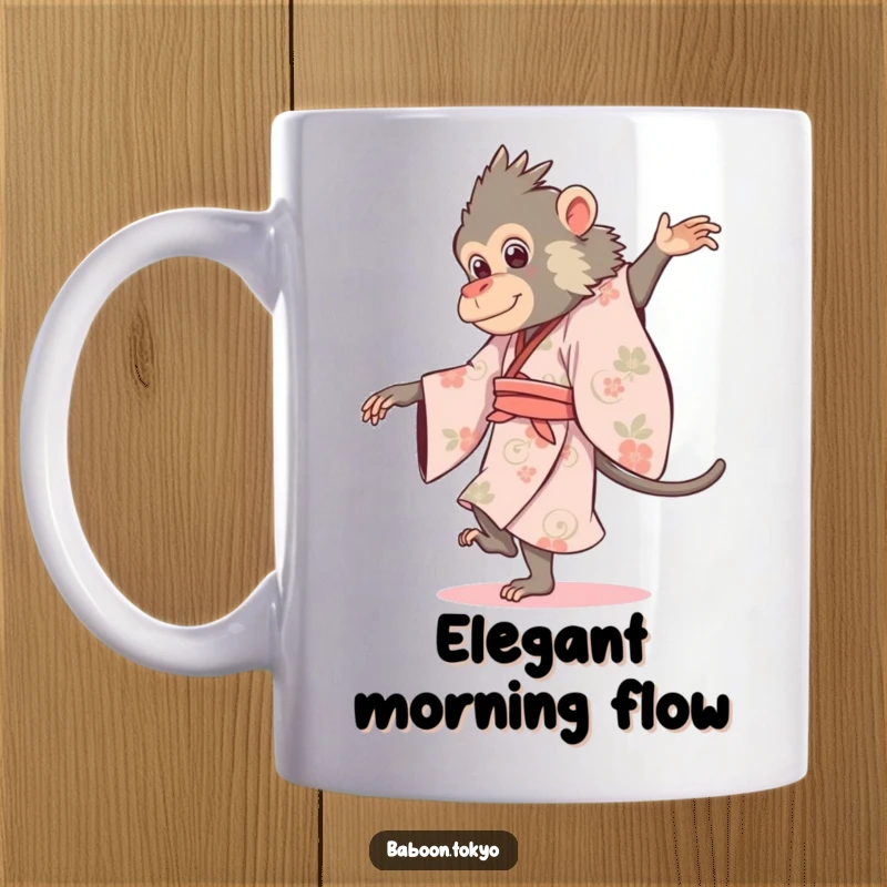 Funny baboon wearing a flowing kimono, gracefully pirouetting, on a ceramic mug, perfect for a humorous gift.