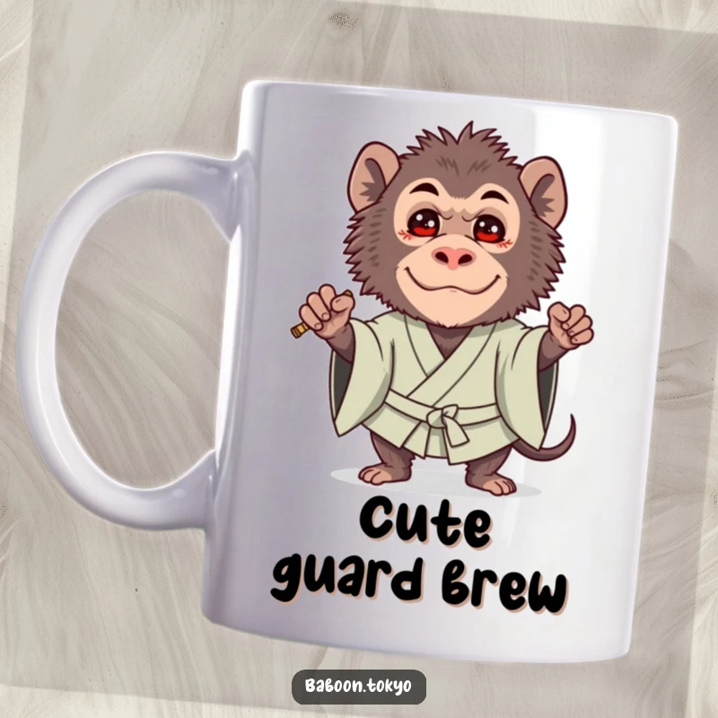 Funny coffee mug: a brave baboon in a bold kimono guard stance, but with an undeniably cute and charming expression.