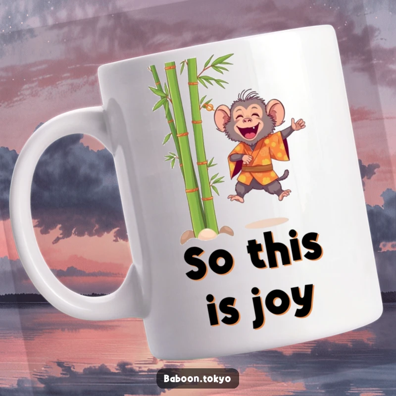 Funny, cheerful baboon in a bright kimono leaping with joy near bamboo, on a ceramic mug, perfect for a humorous gift.