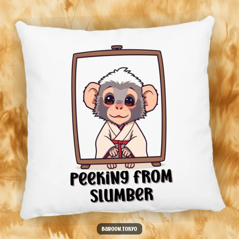 Funny baboon in a simple kimono, curiously peeking from behind a screen, on a soft pillow, ideal for a funny gift.