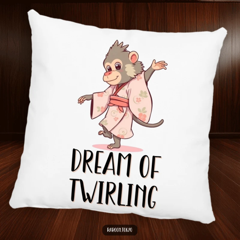 Funny baboon in a flowing kimono, gracefully pirouetting, on a soft pillow, ideal for a funny gift.