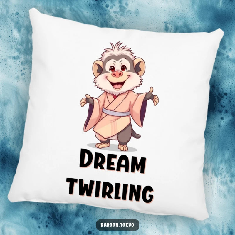 Funny pillow: a delighted baboon in a silk kimono, happily twirling with a big smile, adding a cheerful touch to any room.