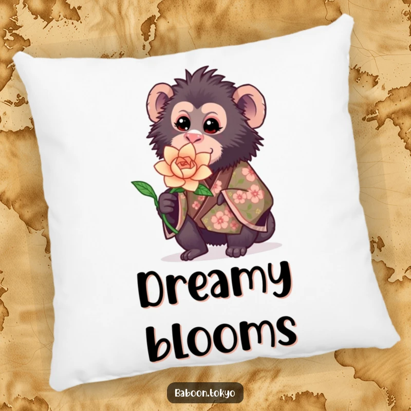 Funny pillow: a sweet baboon in a floral kimono offering a blooming paper flower, adding a charming and gentle accent.