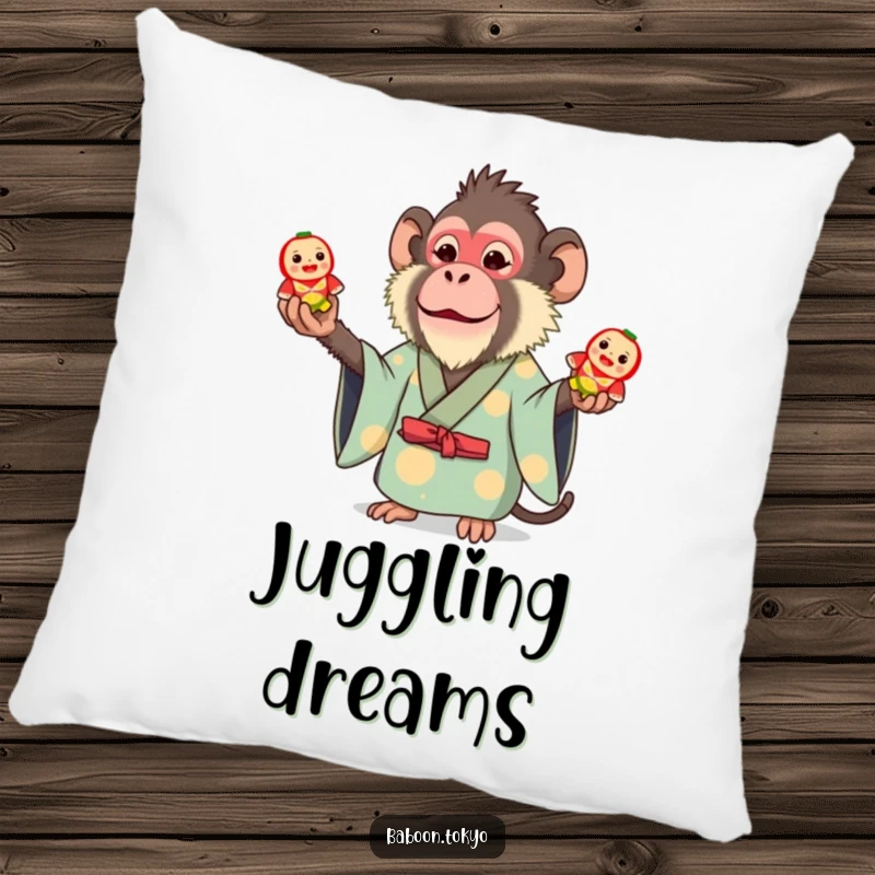 Funny pillow: a whimsical baboon in a bright kimono juggling three small toy Daruma dolls, adding playful charm to any room.