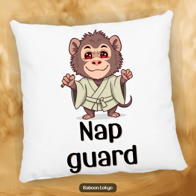 Funny pillow: a brave baboon in a bold kimono guard stance with a strikingly cute expression, adding charm to any room.