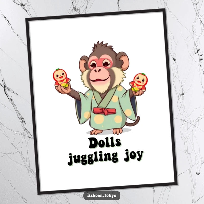 Funny digital art print: a whimsical baboon in a bright kimono juggling three small toy Daruma dolls, creating a lively and playful image.