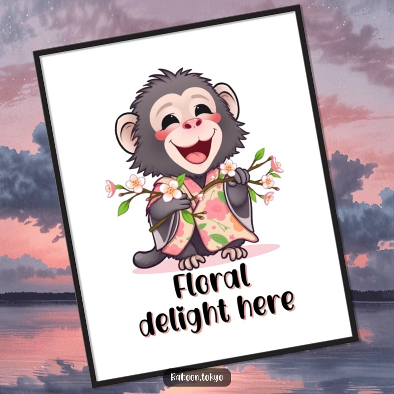 Funny, delighted baboon in a floral kimono holding a blooming branch, as a digital art print, great for a funny gift.