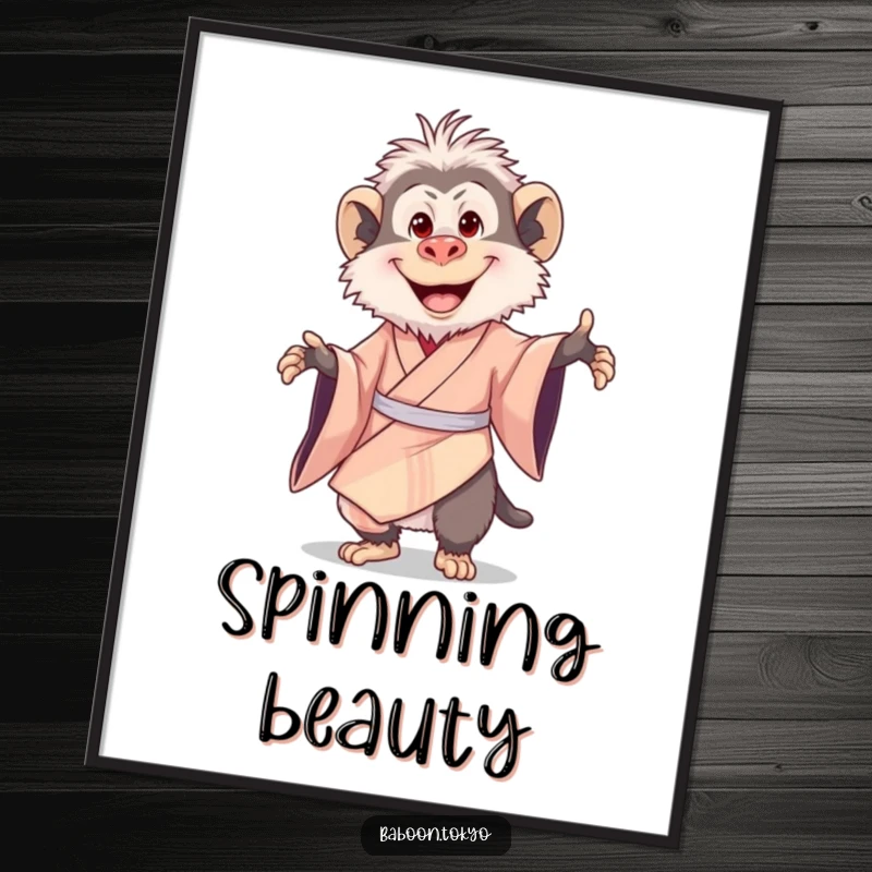 Funny digital art print: a delighted baboon in a silk kimono, joyfully twirling with a big smile, radiating pure happiness.