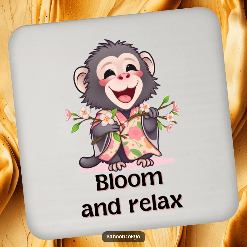 Funny, delighted baboon in a floral kimono holding a blooming branch, on a drink coaster, perfect for a funny gift.
