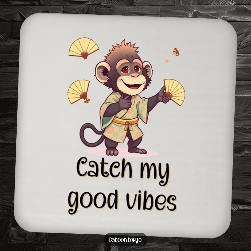 Funny baboon in a patterned kimono playfully juggling small fans on a protective drink coaster, perfect for a funny gift.
