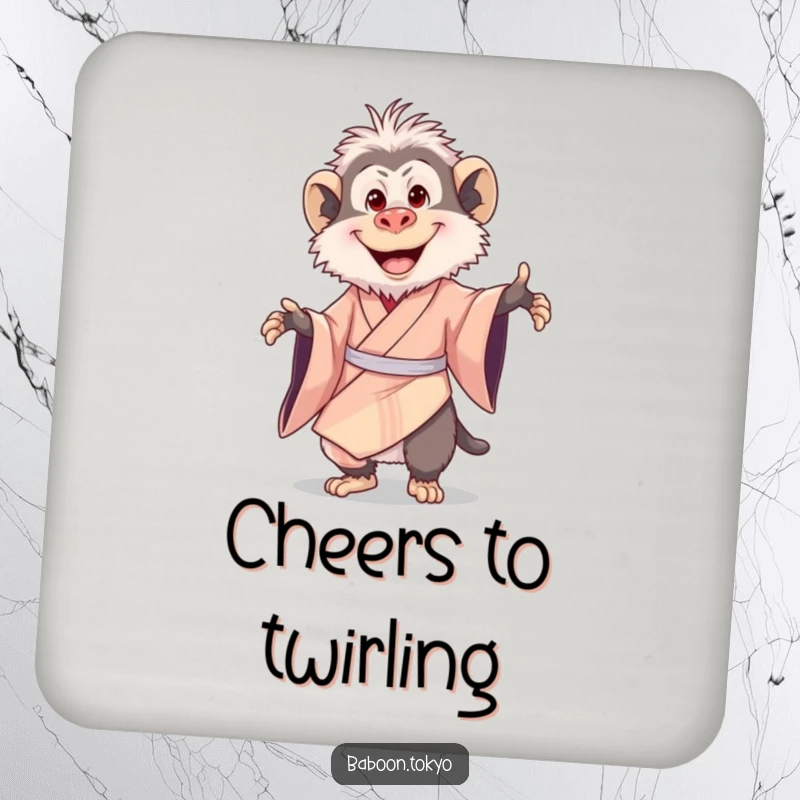 Funny drink coaster: a delighted baboon joyfully twirling in a silk kimono with a big smile, adding a cheerful accent.
