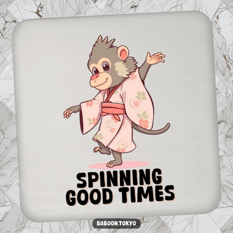 Funny baboon in a flowing kimono, gracefully pirouetting, on a drink coaster, perfect for a funny gift.
