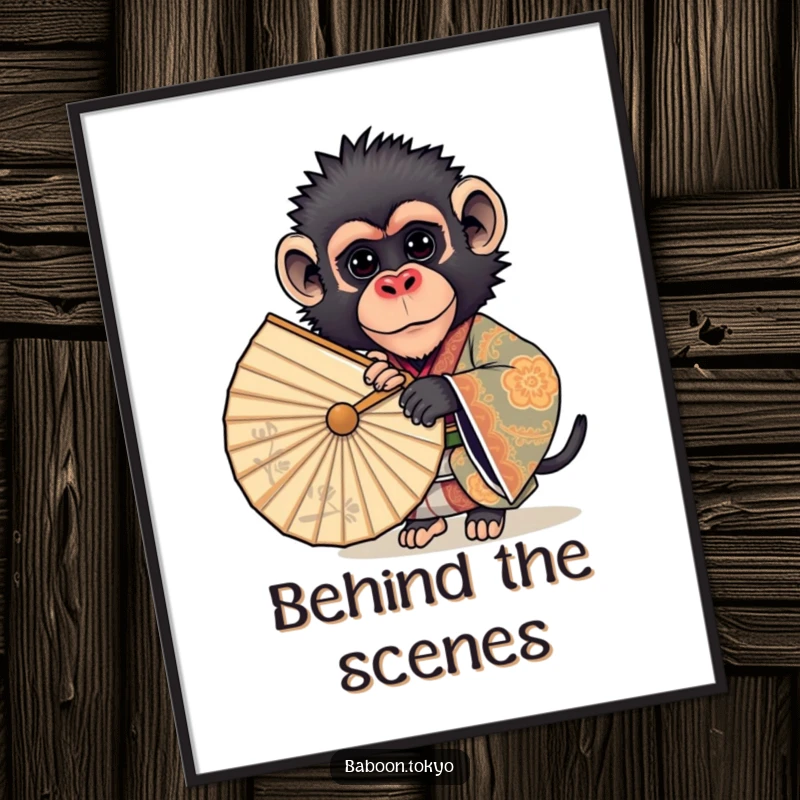 Funny poster: a curious baboon peeking from behind an ornate fan, dressed in a detailed kimono, creating a humorous and artistic wall piece.