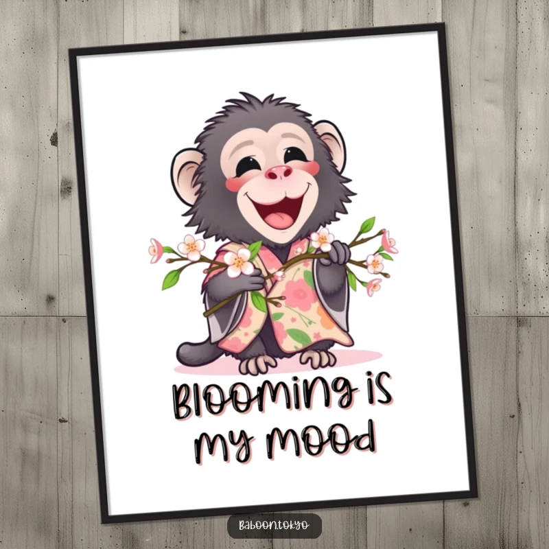 Funny, delighted baboon in a floral kimono holding a blooming branch, presented as wall art on a poster, for a funny gift.