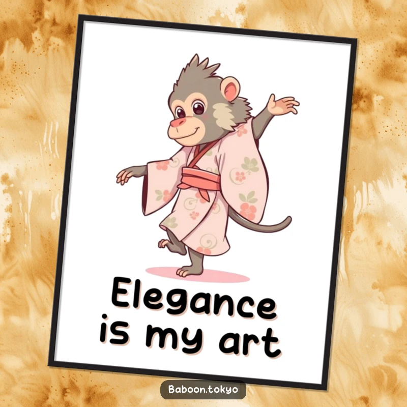 Funny baboon wearing a flowing kimono, gracefully pirouetting, presented as wall art on a poster, for a funny gift.