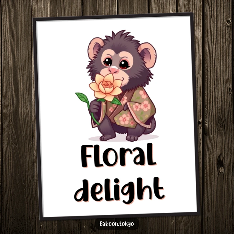 Funny poster: a sweet baboon in a floral kimono gently offers a blooming paper flower, creating a charming and heartwarming art piece.