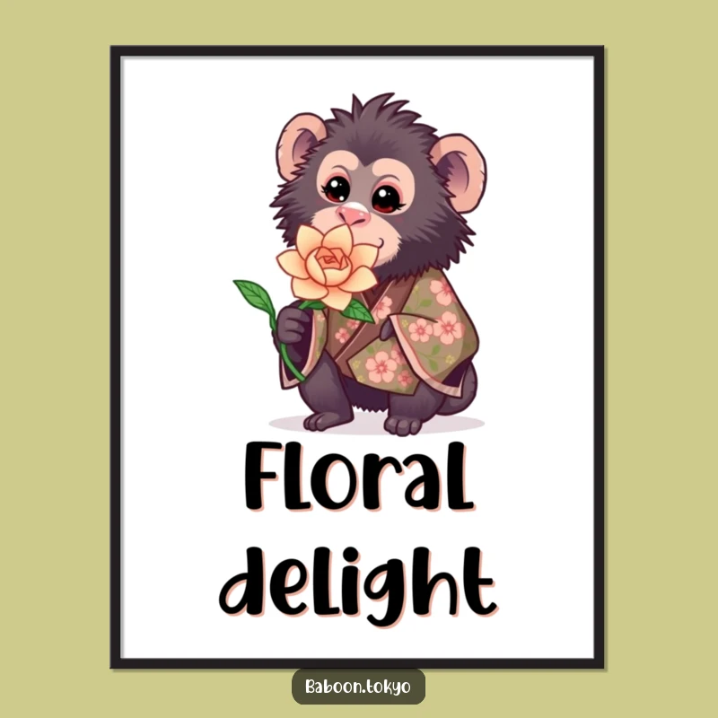 Funny Sweet Baboon Kimono Poster - Delicate Floral Baboon Wall Art