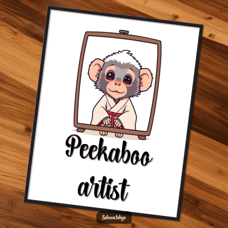 Funny baboon wearing a simple kimono, curiously peeking from behind a screen, presented as wall art on a poster, for a funny gift.