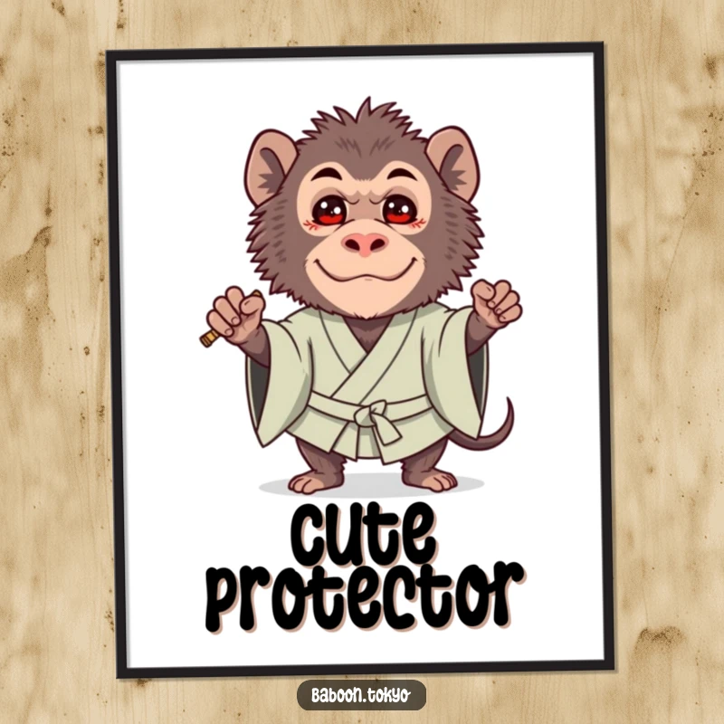 Funny poster: a brave baboon in a bold kimono guard stance, featuring a super cute expression, creating a unique art piece.