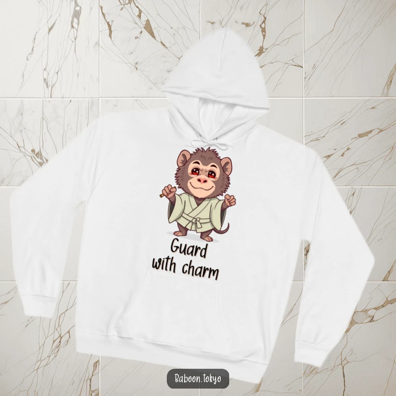 Funny hoodie: a brave baboon in a bold kimono guard stance, softened by an incredibly cute and endearing expression.