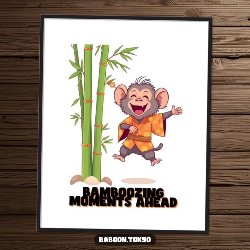 Funny Free Printable Wall Art: A baboon in a vivid kimono leaps with unbridled joy amidst serene bamboo, exuding happiness.