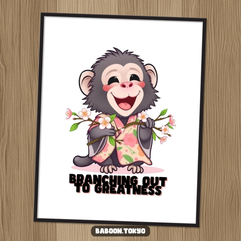 Funny Free Printable Wall Art: A delighted baboon in a floral kimono gently holds a blooming branch, evoking peace and beauty.