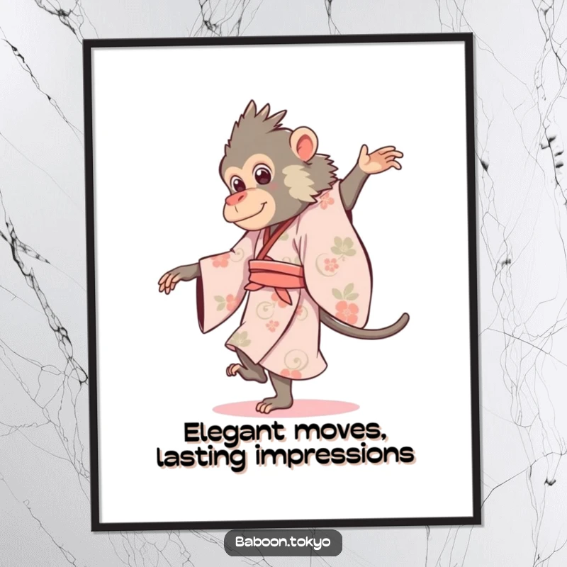 Funny Free Printable Wall Art: A baboon in an elegant kimono performs a flawless pirouette, showcasing grace and artistic flair.