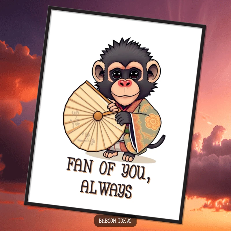 Funny Free Printable Wall Art: Curious baboon in an ornate kimono, peeking playfully from behind a large, decorative fan.