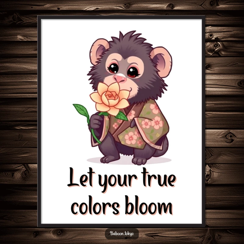 Funny Free Printable Wall Art: A sweet baboon in a floral kimono holds out a delicate, blooming paper flower.