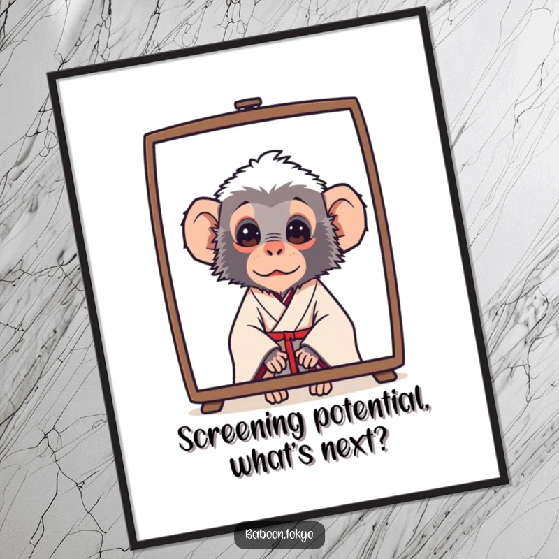 Funny Free Printable Wall Art: A curious baboon in a simple kimono peeks from behind a screen, adding a touch of whimsy.