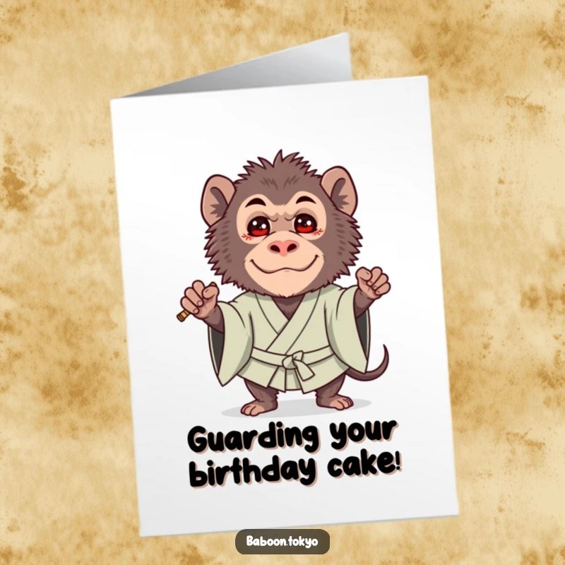 Funny Free Printable Birthday Card: A brave baboon in a bold kimono guard stance, but with an undeniably cute expression.