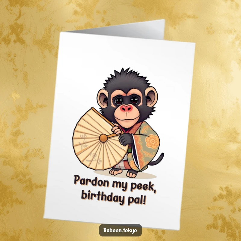 Funny Free Printable Birthday Card: Curious baboon in ornate kimono peeking shyly from behind a large fan.