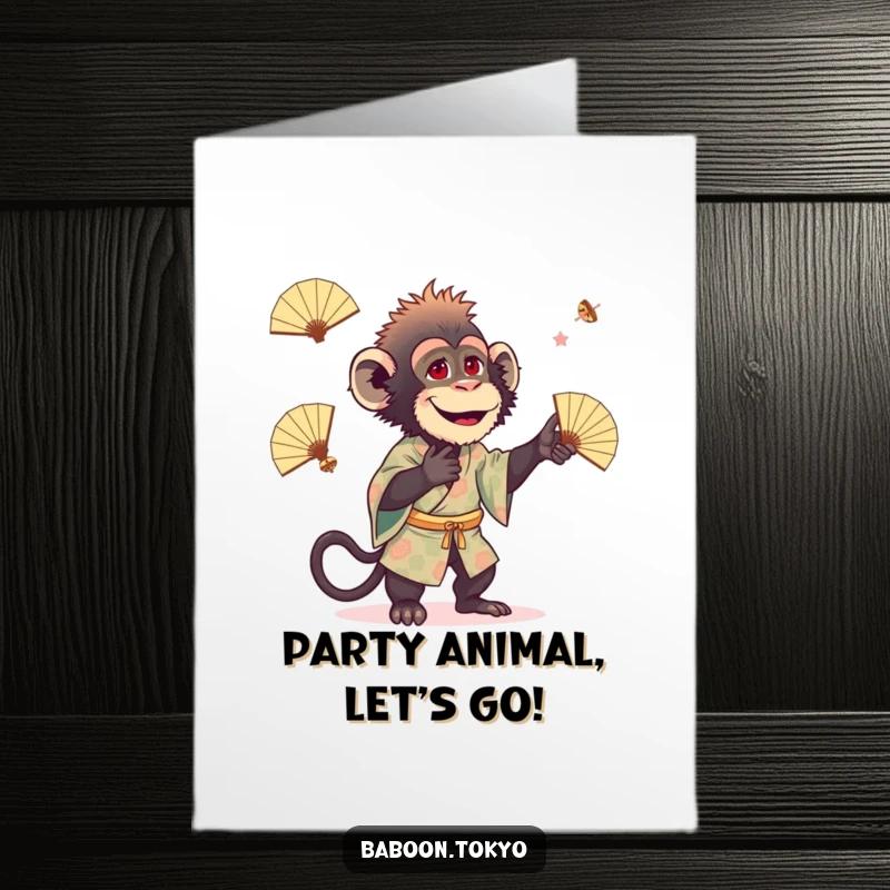 Funny Free Printable Birthday Card: Playful baboon in kimono expertly juggles small fans, a chaotic yet comical scene.