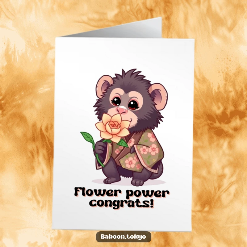 Funny Free Printable Congrats Card: A sweet baboon in a floral kimono presents a lovely blooming paper flower.