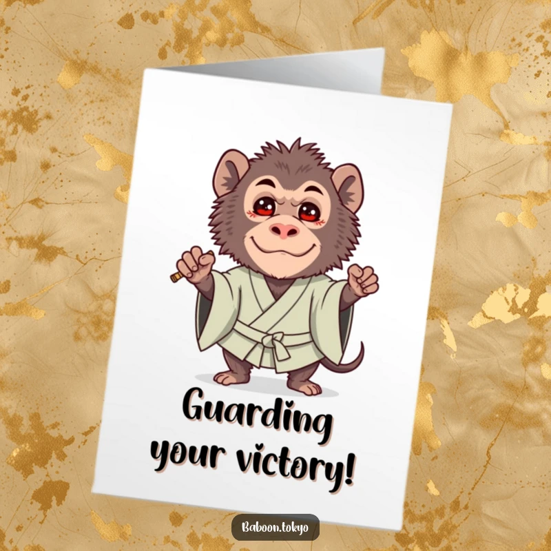 Funny Free Printable Congrats Card: A brave baboon in a bold guard stance, wearing a kimono, with a surprisingly cute face.