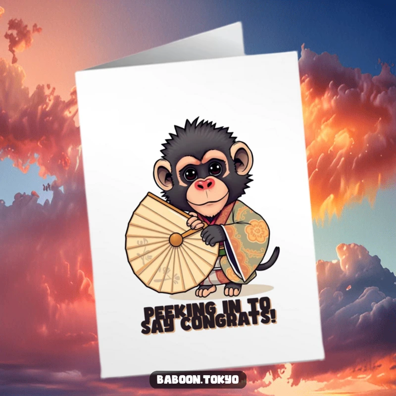 Funny Free Printable Congrats Card: Curious baboon in ornate kimono playfully peeking behind a giant fan.