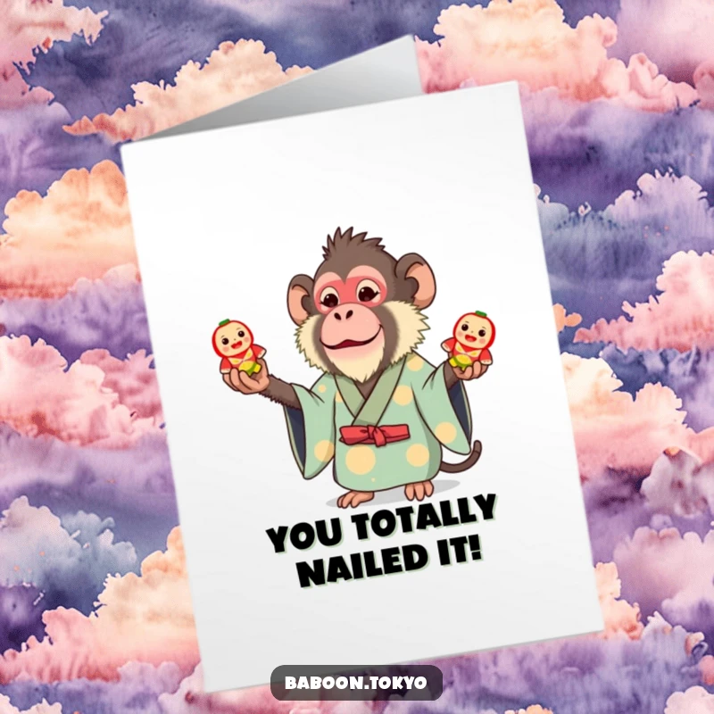 Funny Free Printable Congrats Card: A whimsical baboon in a bright kimono expertly juggles three small toy Daruma dolls.