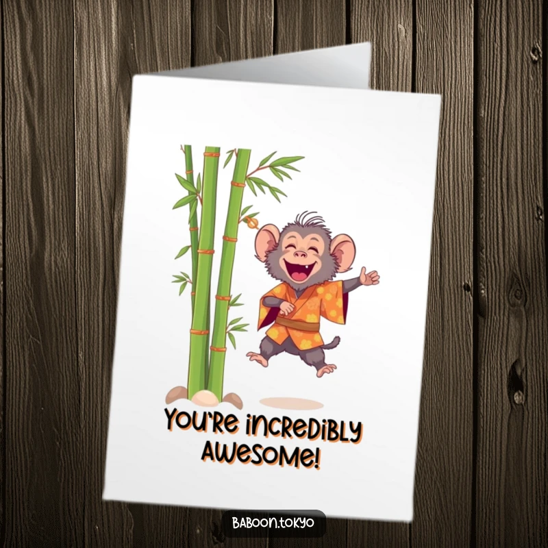 Funny Free Printable Congrats Card: A happy baboon in a kimono leaps high near bamboo, celebrating a momentous occasion.